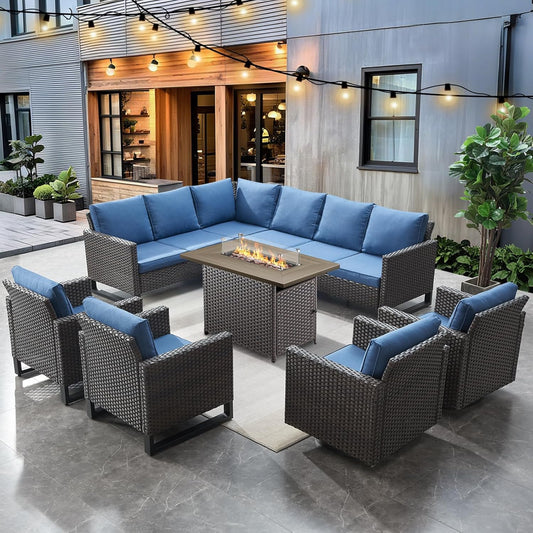 HUMMUH 8 Piece Patio Furniture with Fire Pit,PE Wicker Outdoor Conversation Sets-6-Seater Sofa,Patio Swivel Chairs Outdoor Chairs, Propane Fire Pit,Side Table for Porch,Garden,Backyard(Brown/Blue)