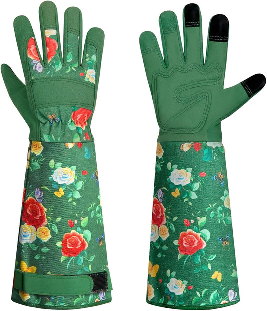 DLY Gardening Gloves,Leather Rose Gloves,Women's Long Glove for Gardening Work and Yard Work,Durable and Comfortable(Small, Green
