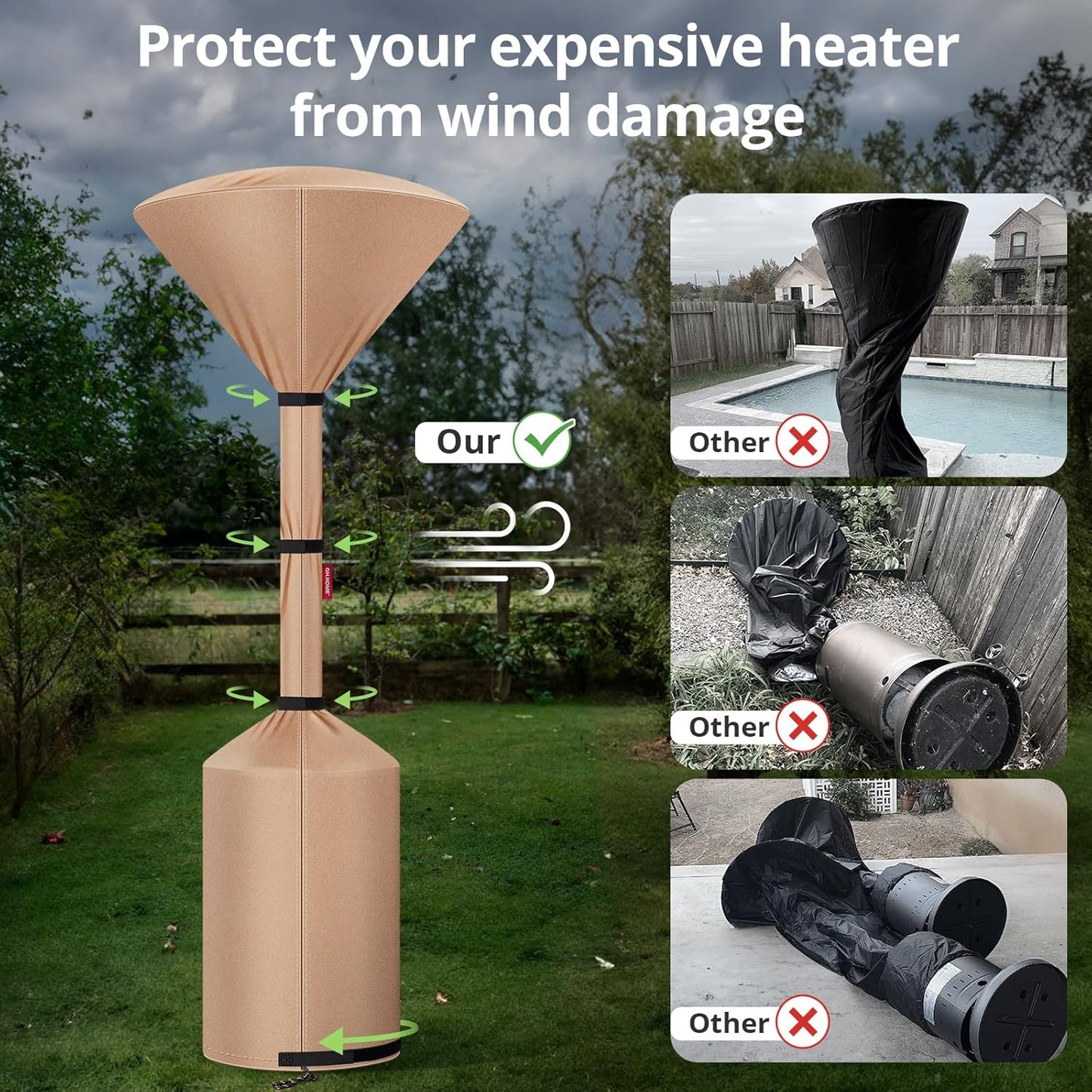 QH.HOME Winter Patio Heater Covers, [2025 Upgraded Tear-Resistant Fabric] Waterproof with Robust Zipper ,Height fit 87"-92",Dustproof/Wind/Sunlight/Snow-Resistant, Camel