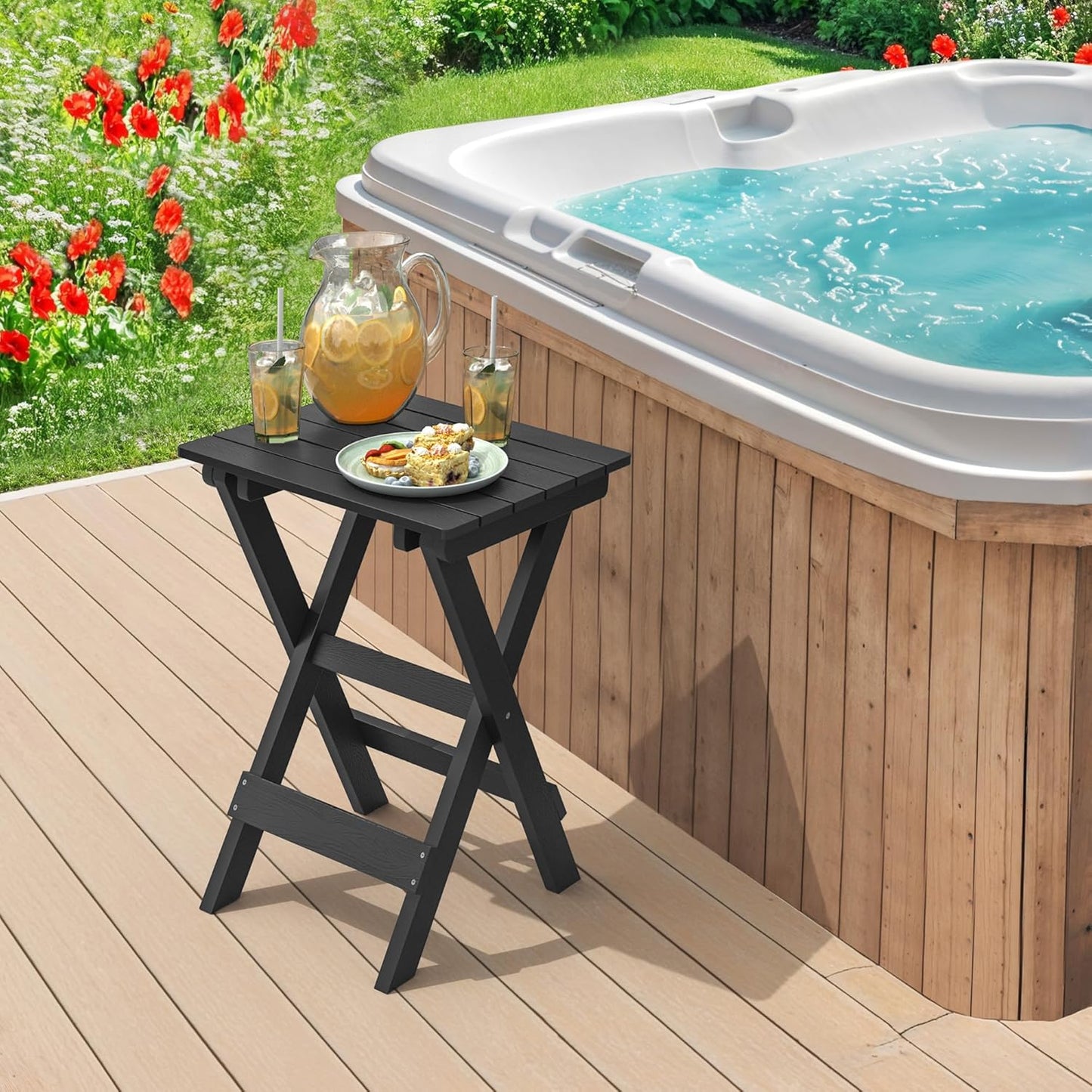 LUE BONA 27 inch Folding Side Table, HDPS Outside End Table for Patio, Porch, Deck, Pool, Weather Resistant, Black