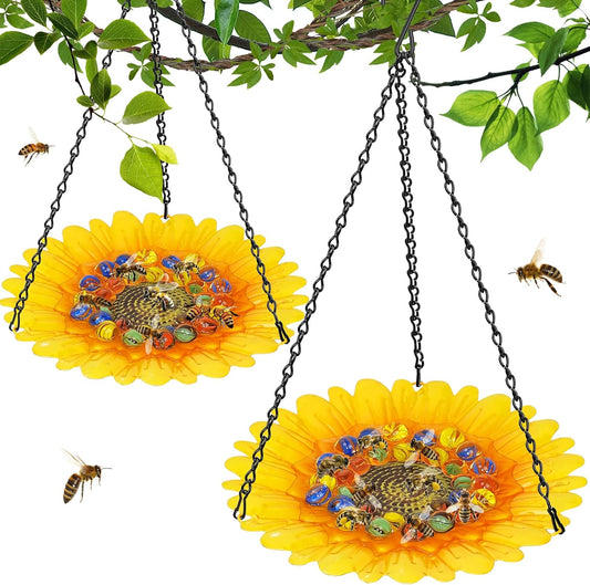 Bee Watering Station for Garden, Bee Bath Feeders for Outside with Vivid Flower Design, Hanging Butterfly Bath Bowl with Glass Balls for Outdoor Courtyard Decoration (2Pcs-Yellow)