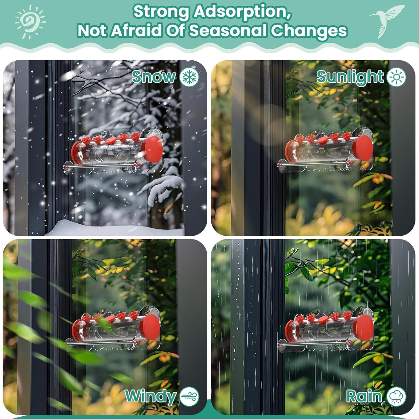 Window Hummingbird Feeder 10oz,4 Feeding Ports with Leak-Proof Design & Ultra Strong Suction Cups,Durable Plastic Bird Feeder Easy to Clean Refill, Outdoor/Indoor Use (Red Flower Top)