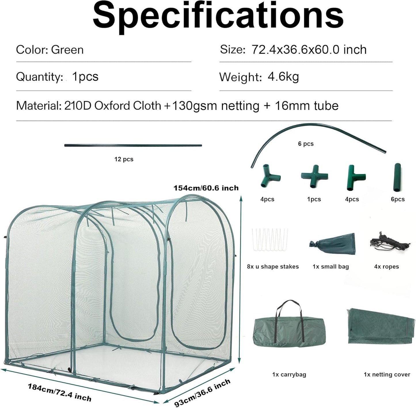 Poray Large Tunnel 73''x37''x61''Plant Netting Cover,5FT Tall Crop Cage Tomato Netting,Pest Guard Cover for Vegetables &Fruits,Durable Gardening Net for Plant and Animal