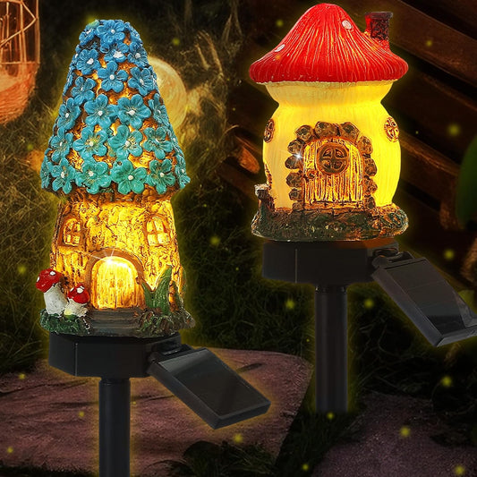 2 Pack Outdoor Garden Mushroom Fairy House Solar Light Home Statue LED Light Fairy Lights for Outside Garden Lawn Walkway Patio Yard Backyard Plant Decoration