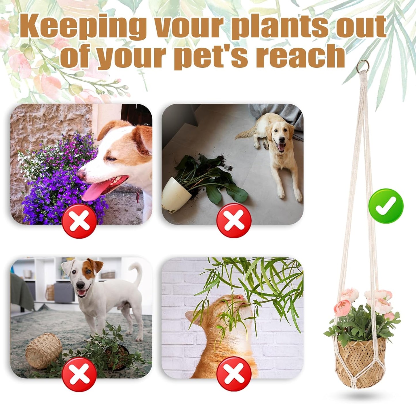 Macrame Plant Hanger, 2 Pack Boho Hanging Planters Baskets for Indoor Plants Decorative Braided Cotton Rope Flower Pot Holder with Metal Hook Rings for Outdoor Home Decor, No Tassels, Ivory, 34 Inchs