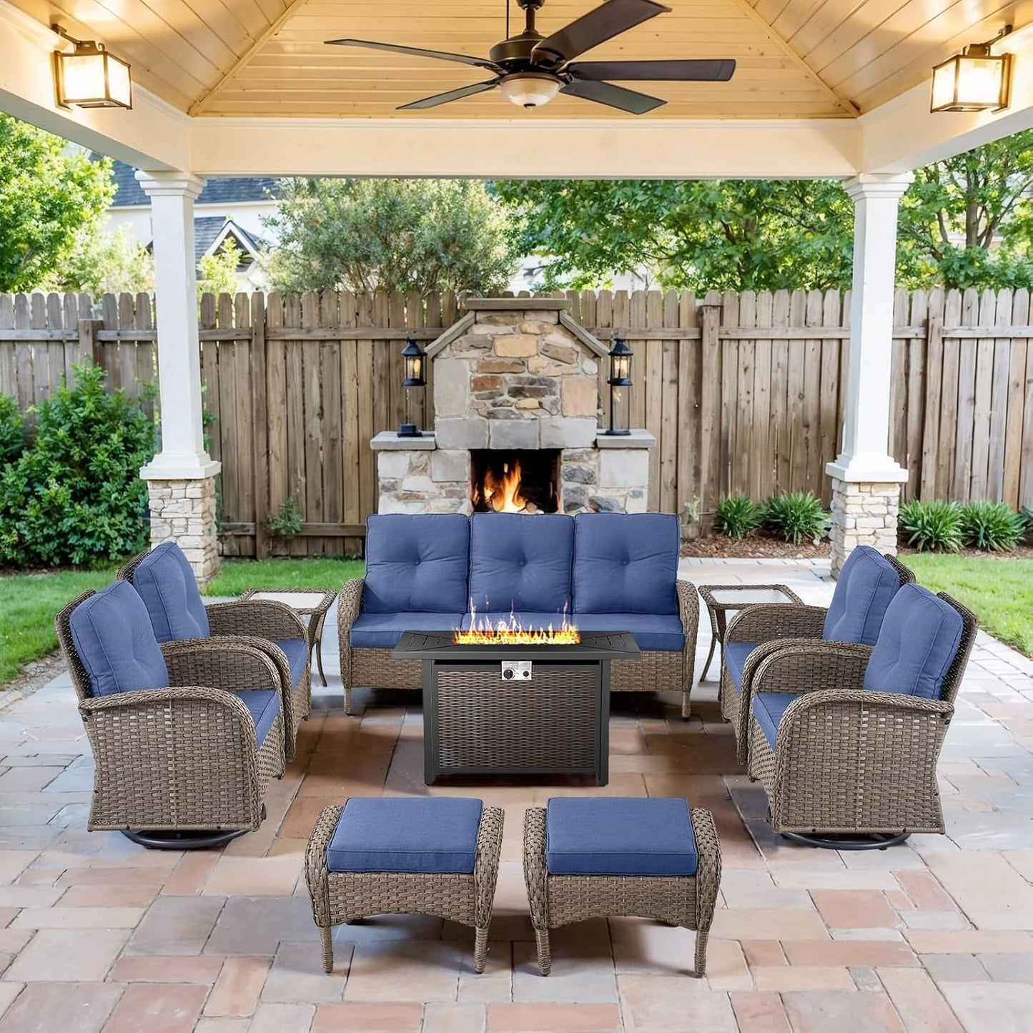 Expansive 10 Pieces Outdoor Patio Furniture Set with 43” Propane Fire Pit Table, Patio Conversation Set with Swivel Rocker Outdoor Chairs Set of 4 and Sofa, Ottoman and Wicker Side Table