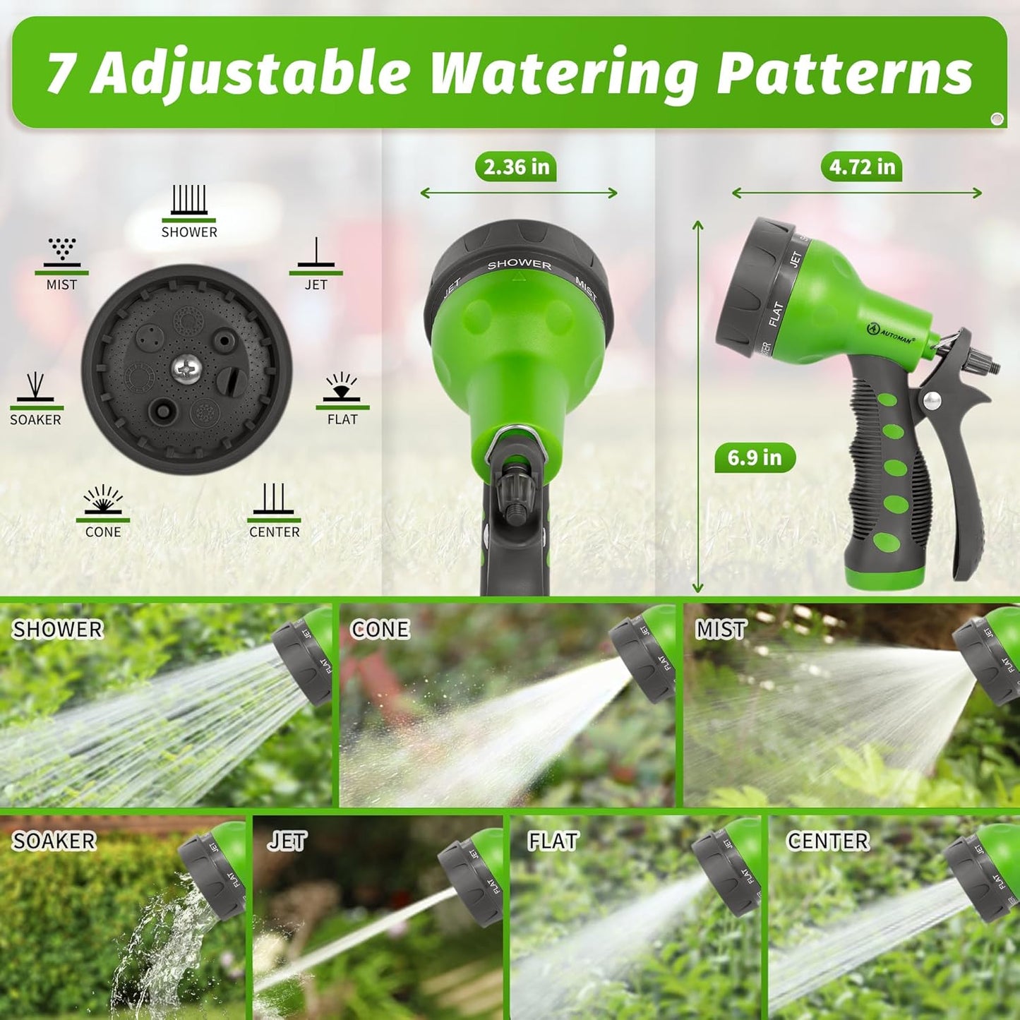 AUTOMAN-Garden-Hose-Nozzle,ABS Water Spray Nozzle with Heavy Duty 7 Adjustable Watering Patterns,Slip Resistant for Watering Plants,Lawn& Garden,Washing Cars,Cleaning,Showering Pets - Green