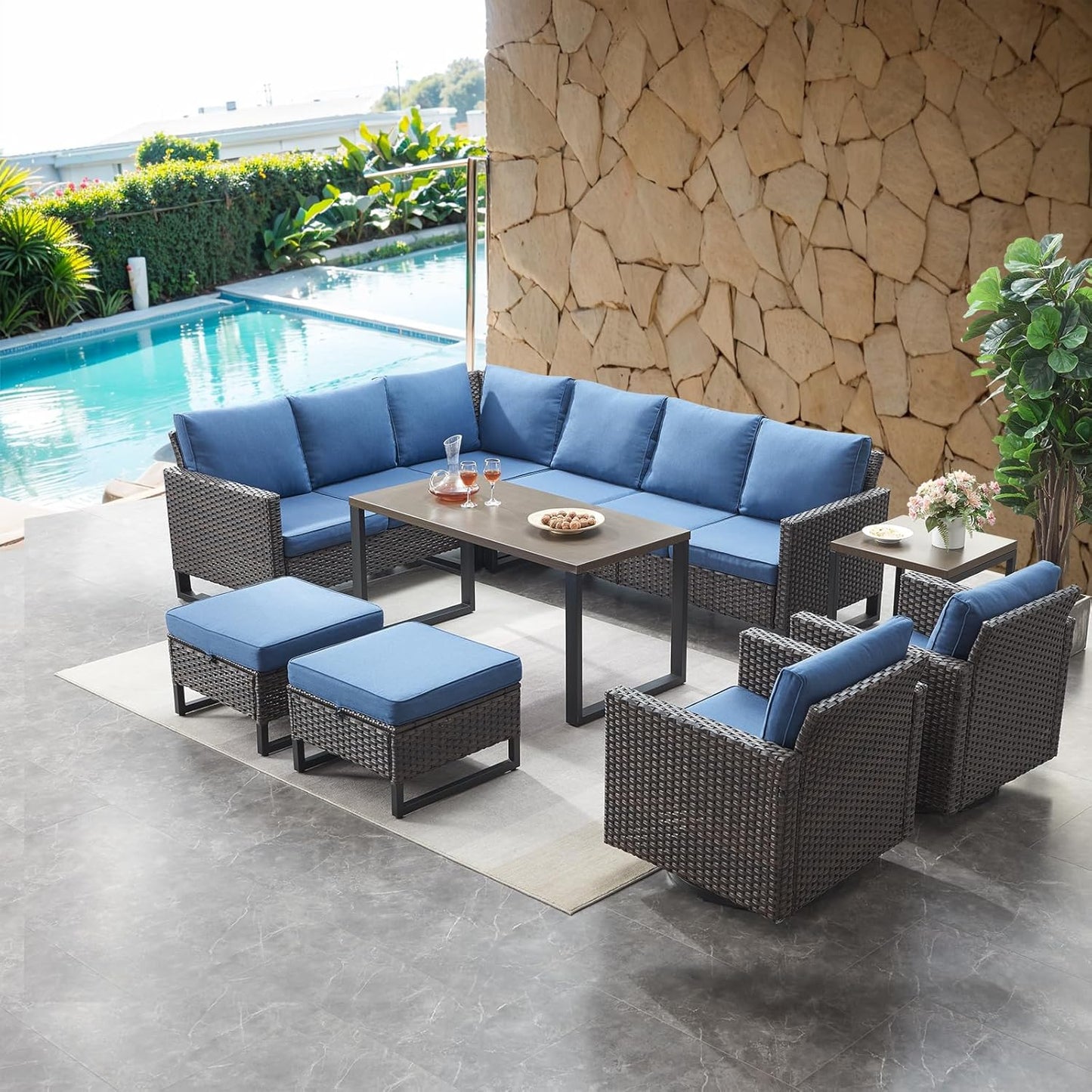 HUMMUH 8 Piece Patio Furniture Set PE Wicker Outdoor Sectional Sofa and Patio Swivel Chairs Outdoor Dining Table Ottomans for Porch,Garden,Backyard,Deck(Brown/Blue)