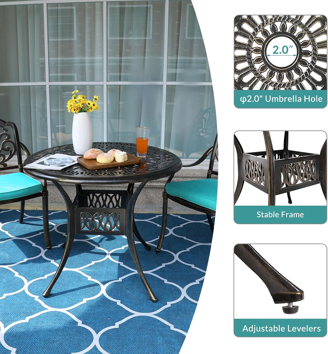 MEETWARM 3 Piece Patio Bistro Set, Outdoor All-Weather Cast Aluminum Dining Furniture Set Includes 2 Cushioned Chairs and a 35.4” Round Table with Umbrella Hole for Garden Deck, Ocean Blue