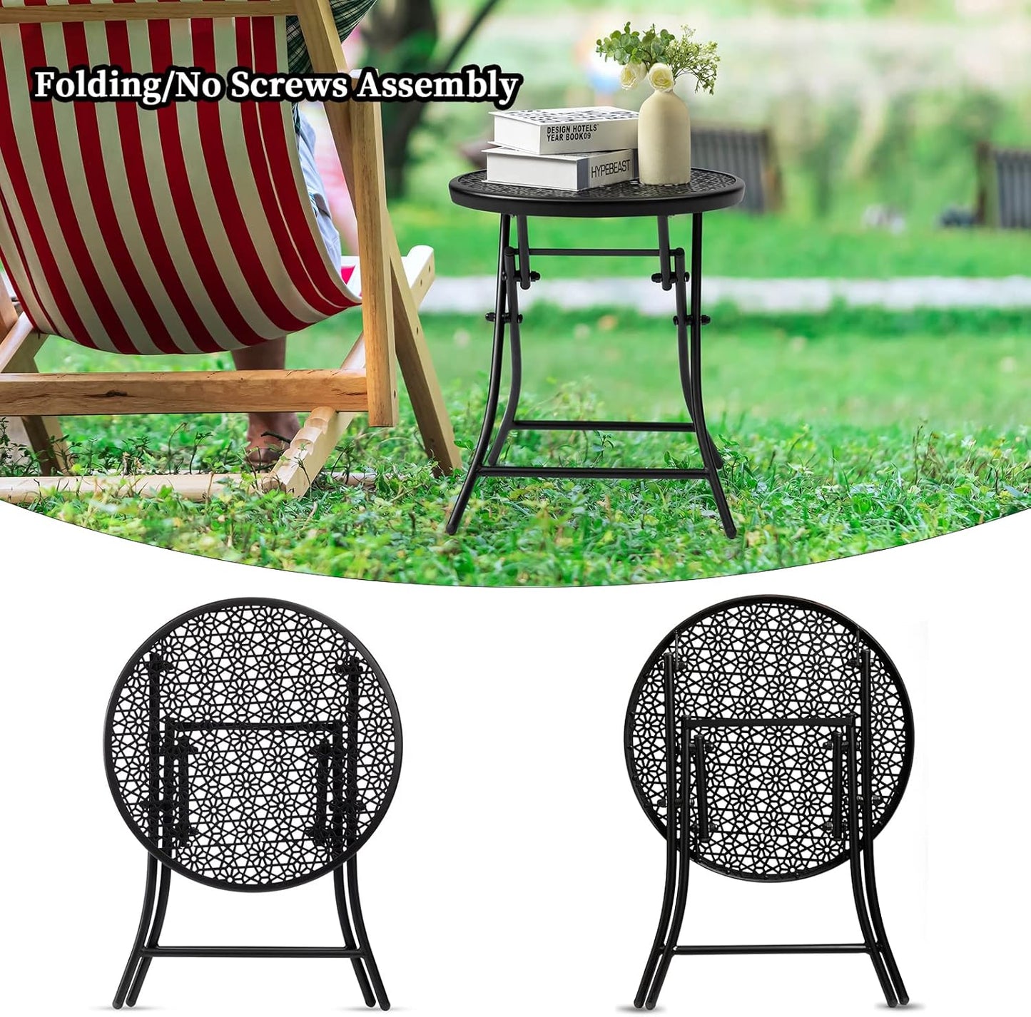 TeoKJ Folding Outdoor Side Tables, Anti Rust Small Patio Table Round Metal Nightstand with Flower Cutouts for Porch Yard Balcony Deck Lawn, Black