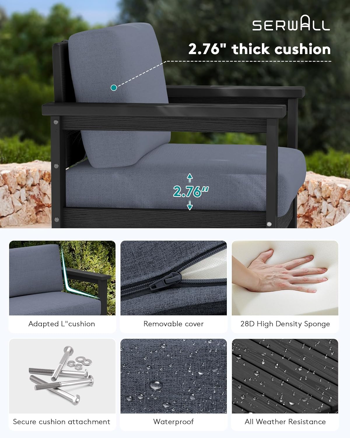 SERWALL 6 Pieces HDPE Outdoor Conversation Sofa Set with Cushions, All Weather Couch Loveseat Furniture with Coffee Table and Cushion, Outdoor Social Sofa Set, Black Frame with Grey Cushions