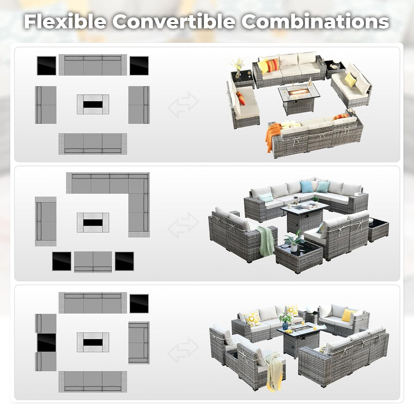 ovios 13 Pieces Patio Furniture Set, Outdoor Wicker Sectional Sofa with 42 Inch Fire Pit Table Comfy Cushions, Modern Modular Deep Seat Rattan Couch Conversation Set, Beige