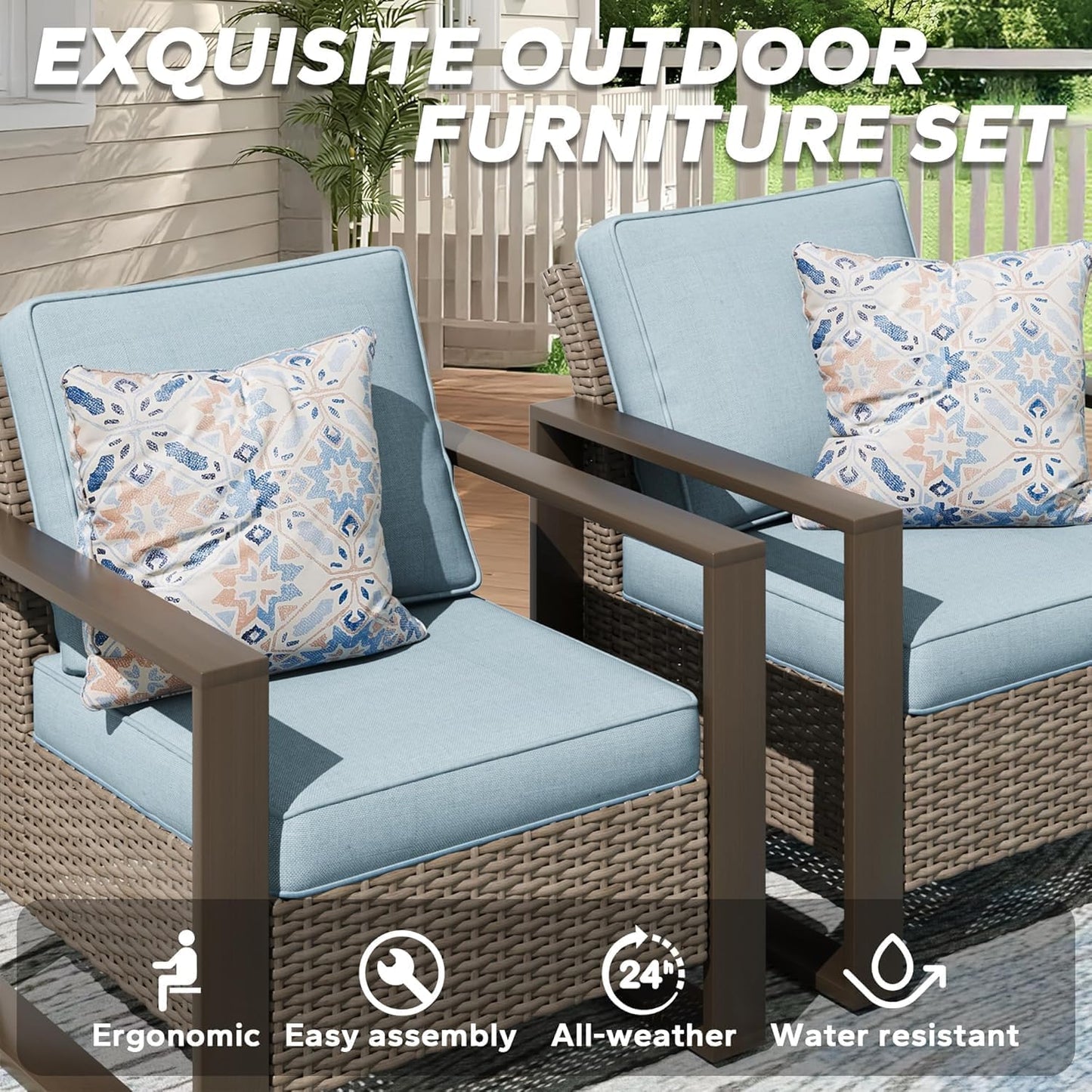 Patio Metal Wicker Chairs Set of 2, All Weather Outdoor Rattan Dining Chairs with Rectangular Framed Wood-Looking Armrest & Fade-Resistant Cushions for Deck Balcony Backyard, Baby Blue