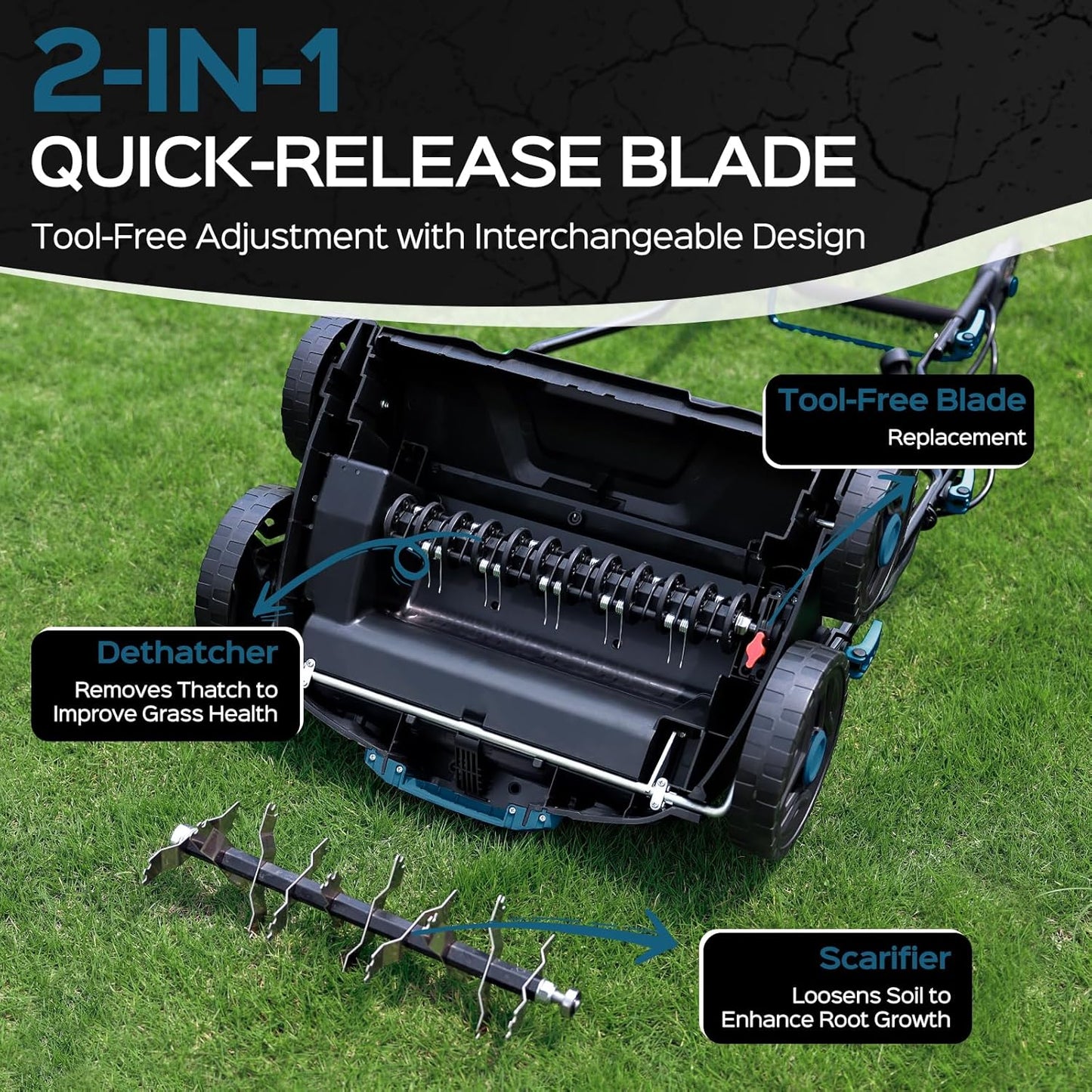 2025 Upgrade 16-Inch 15.5 Amp 2-in-1 Electric Dethatcher and Scarifier with 14.5-Gallon Collection Bag, Lawn Dethatcher with 5-Position Depth Adjustment, Keeps Lawn Healthy - Steel Blue