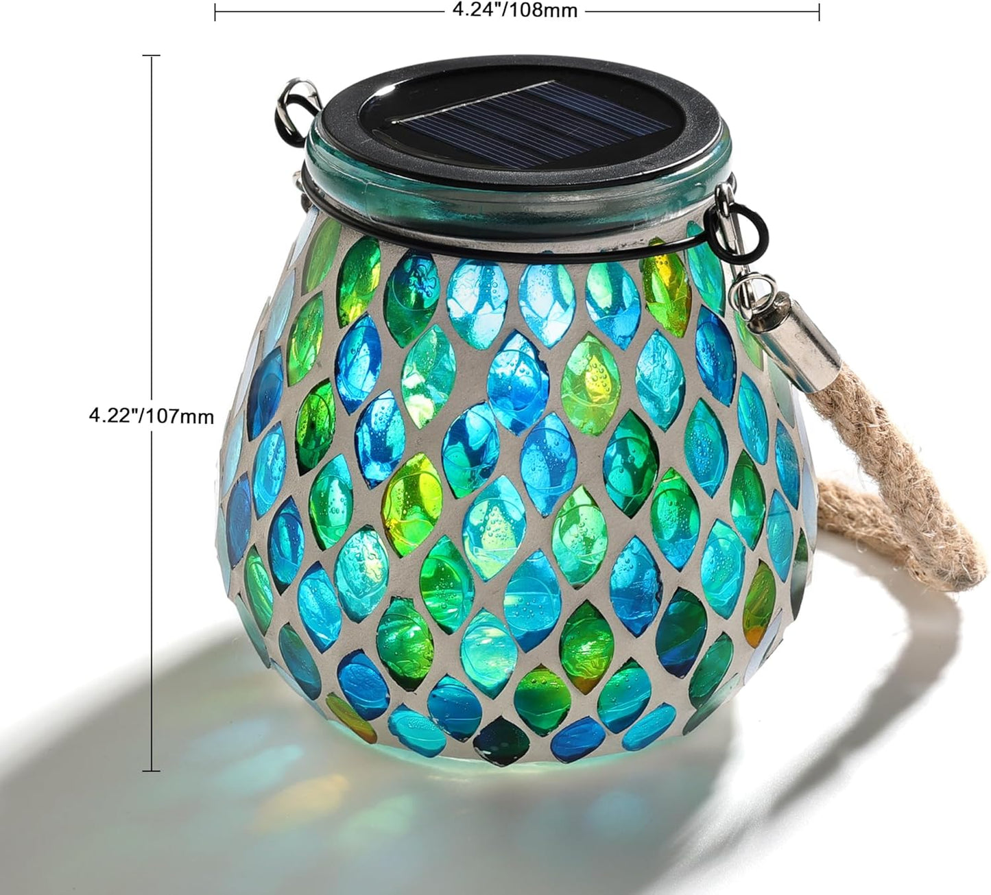 Cooo 4 Pack Mosaic Solar Lantern Outdoor Waterproof IP68 Hanging Projection Light Hidden Lid Pear-Shaped Lantern with Rope Handle Solar Powered Auto On for Patio Garden Fence Table - Azure Lattice