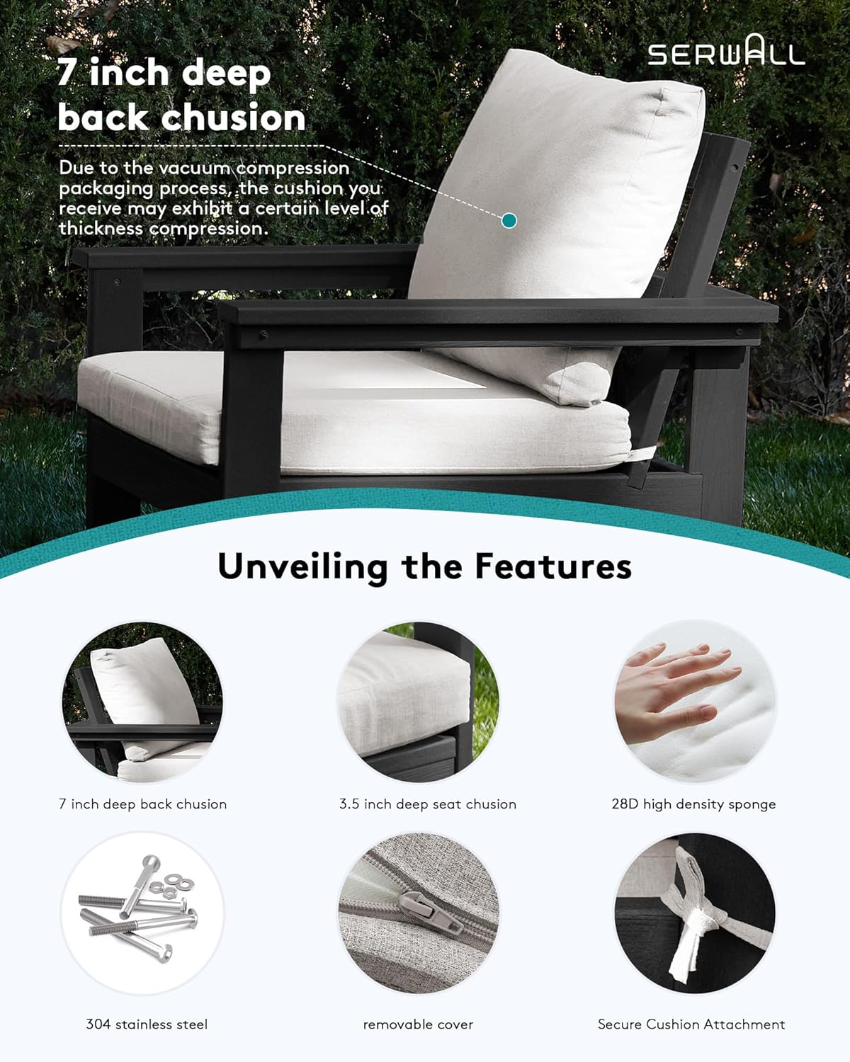 SERWALL HDPE Patio Sofa Set, 4-Piece Sectional Outdoor Furniture Set, All Weather Outdoor Couch Set Patio Furniture Set for Deck, Lawn, Black Frame with Khaki Cushion