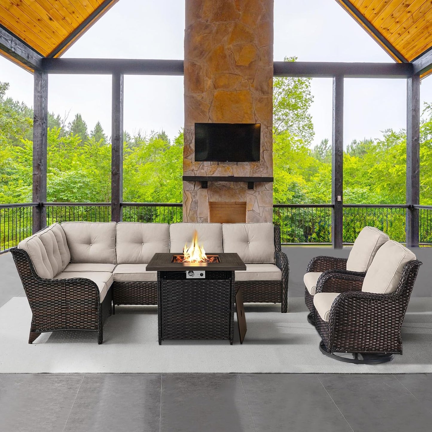 Outdoor Sectional Sofa Furniture Set with 50000BTU Propane Fire Pit Table, Wicker Patio Conversation Set with 2 Swivel Glider Rocker Chairs Beige Cushion Perfect for Backyard Casual Gathering