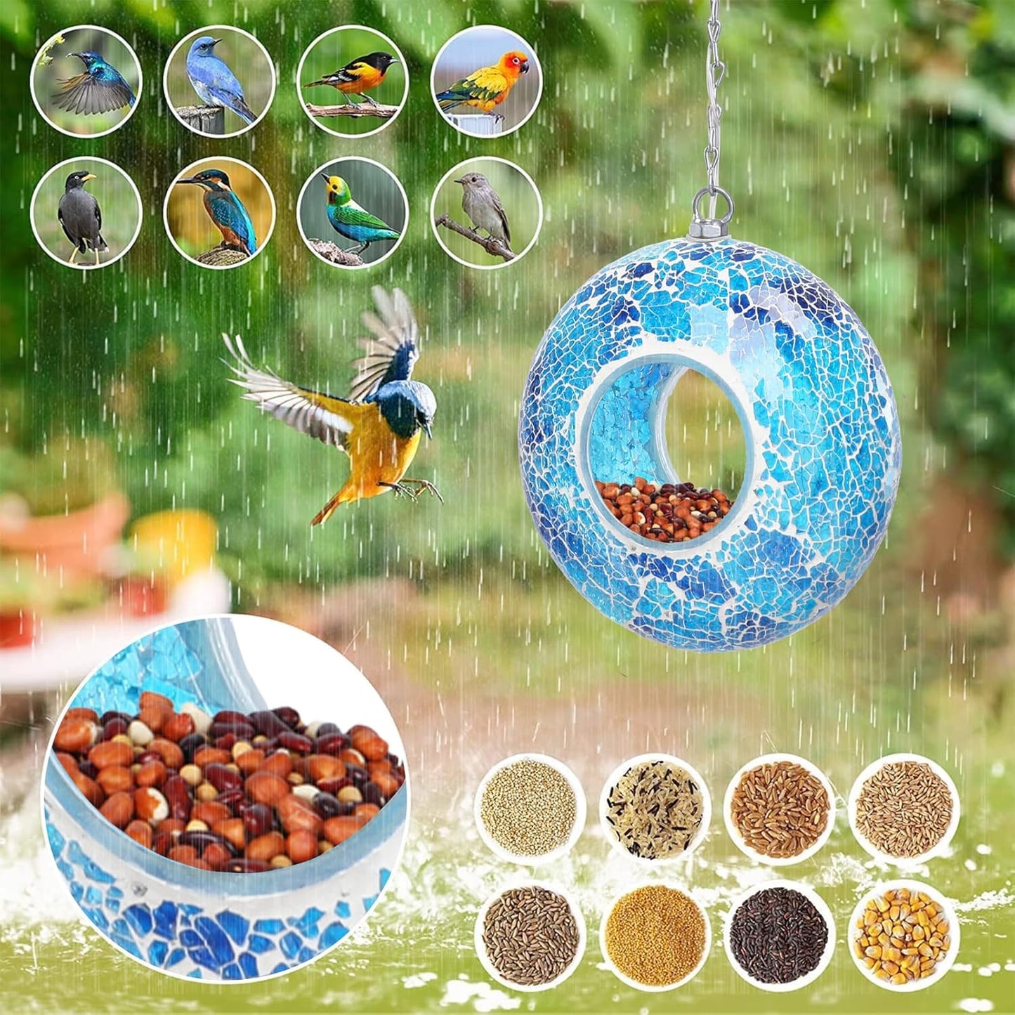 Yinns Solar Bird Feeder - Mosaic Fly Through Bird Feeders for Outside Hanging with Round Shape Glass Container Birdfeeder for Garden Decor, 8 Inch