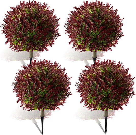 Yunlly 4 Pcs 18 Inch Artificial Boxwood Ball Topiary Tree Fake Outdoor Plants Bush, UV Resistance Faux Shrub with Spike Realistic Greenery Potted for Indoor Garden Yard Porch Patio Decor (Purple Red)