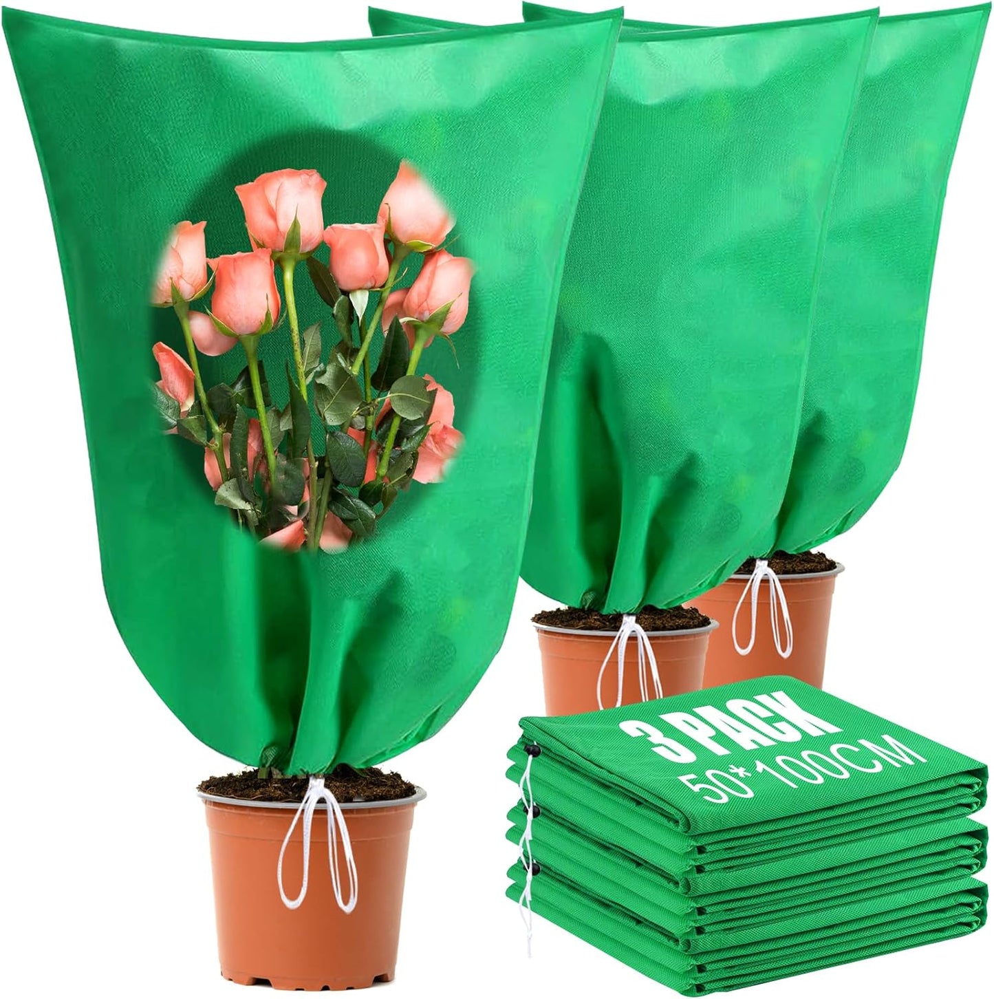 3 Pack Winter Plant Covers Freeze Protection, 19.6" x 39.3" Frost Blankets for Outdoor Plants with Drawstring, Tree Covers Bags Shrub Covers for Winter Cold Weather, Rose Bush Cover for Winter