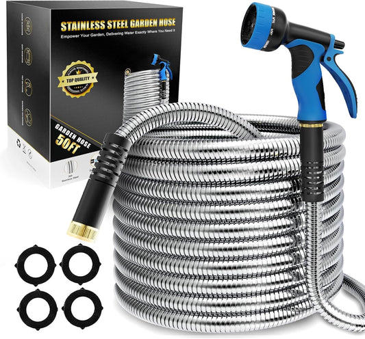Lefree Garden Hose 50ft, Stainless Steel Garden Hose Metal, Flexible Water Hose with 10-Function Nozzle, Crush Resistant, Leak Proof, No Kinks Heavy Duty Hose for Yard, Outdoors, Rv
