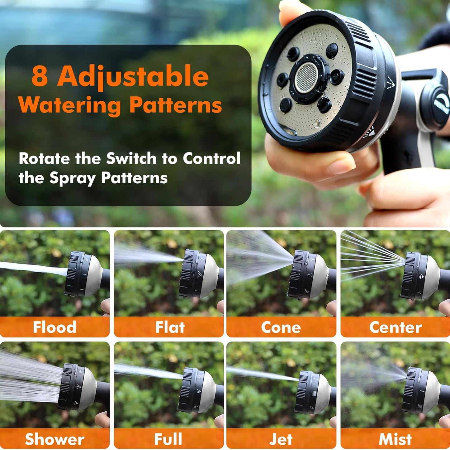 RESTMO Full Shower Hose Nozzle, Metal Spray Nozzle for Garden Hose, 8 Spray Patterns, Water Hose nozzle with Thumb Control, Ideal for Outdoor Lawn & Plant Watering, Car & Pet Washing, Silver