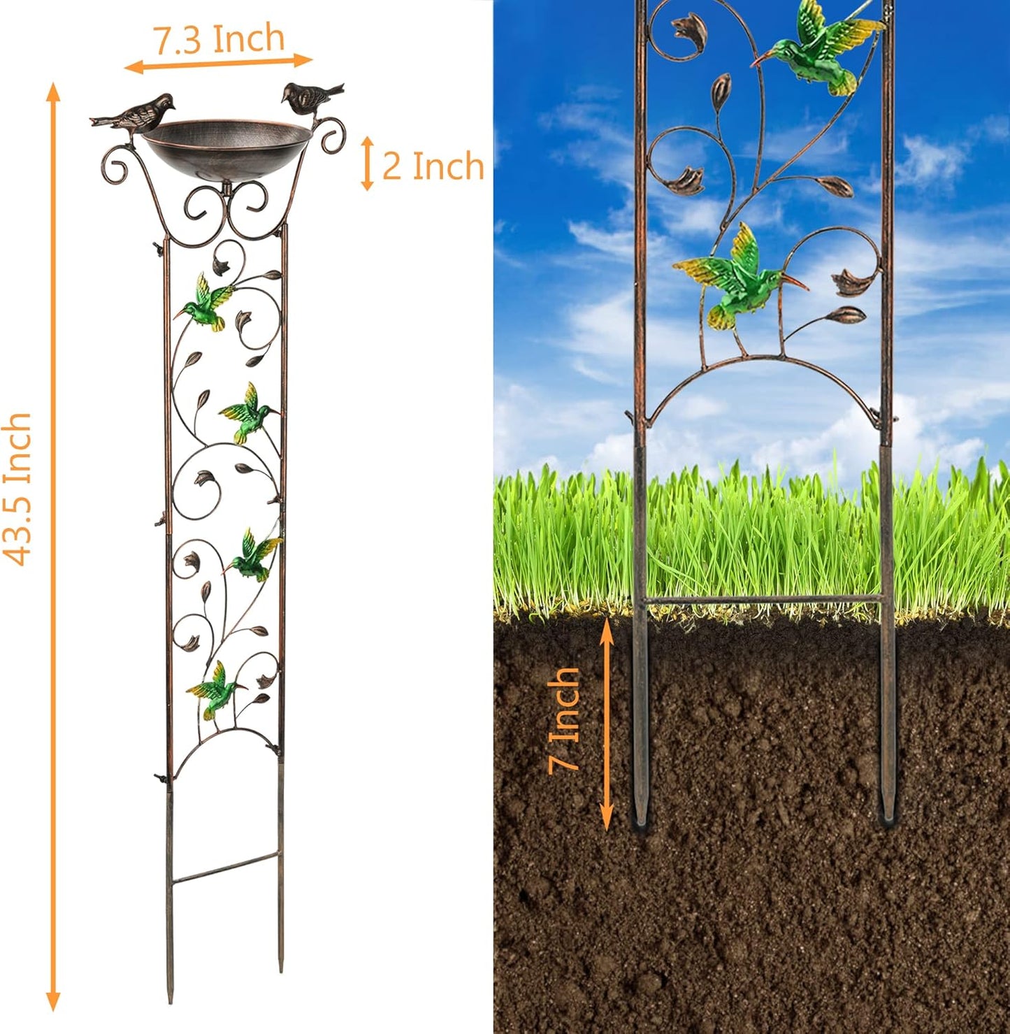 LEWIS&WAYNE Garden Trellis Bird Bath Outdoor, 40 Inch Antique Iron Garden Plant Trellis Decorative with Hummingbirds and Detachable Drinking Basin Bowl, Free Standing BirdBath Birdfeeder Station