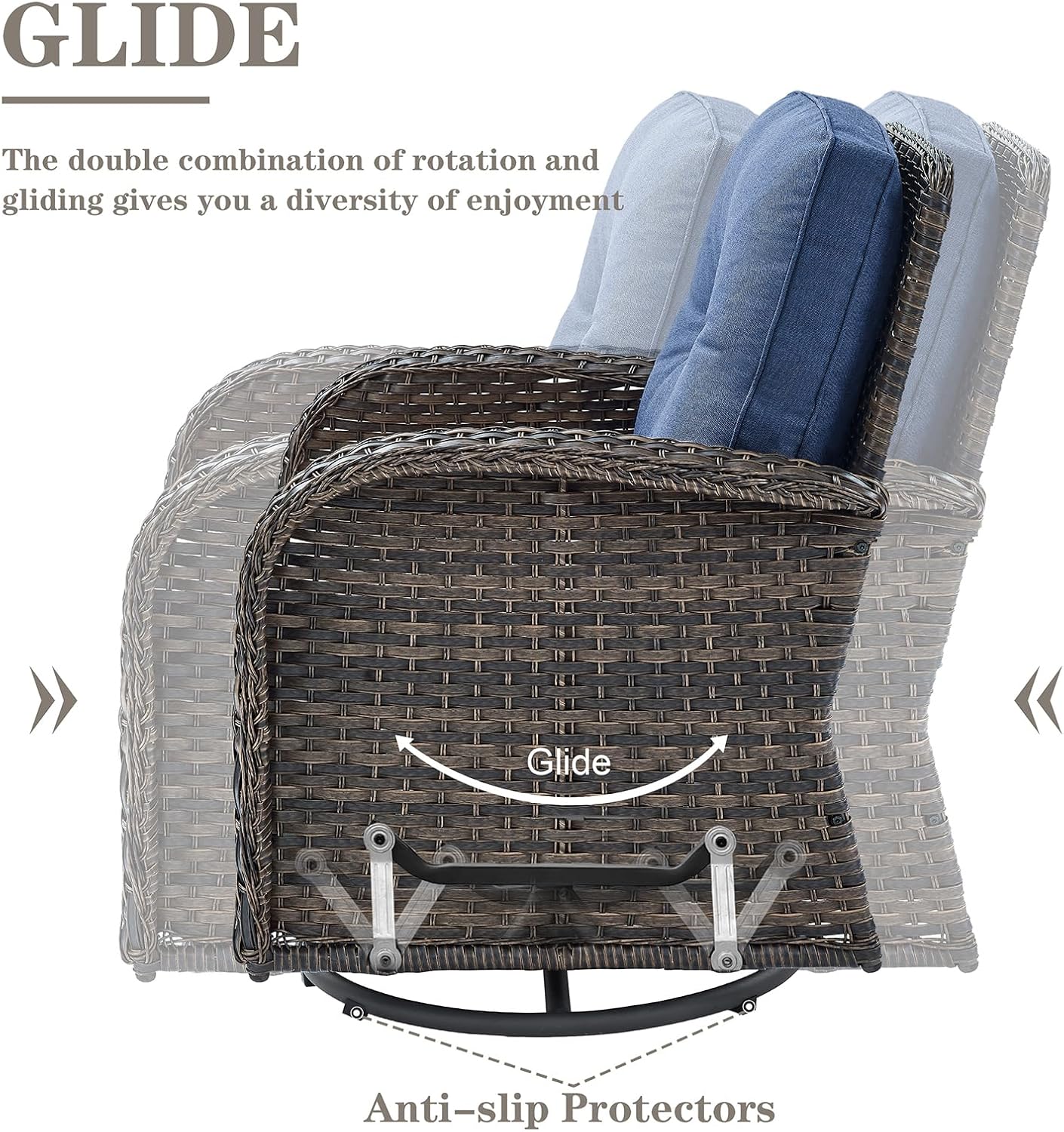 6 Piece Patio Conversation Sets - Wicker Patio Furniture Sets with Outdoor Swivel Rocker Chairs, Glider Loveseat Perfect for Patio Deck Backyard, Brown Wicker Blue Cushion