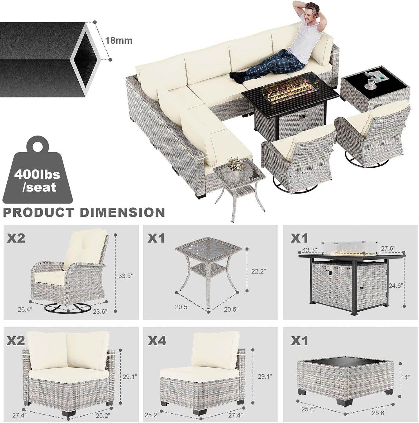 11-Piece Patio Furniture Set, Outdoor Patio Furniture with 55,000 BTU Fire Pit Table, Swivel Chairs Set, Thick Cushions, Modular Patio Sofa, Dual-Strand Wicker Rattan, Rust-Resistant Frame, Ivory