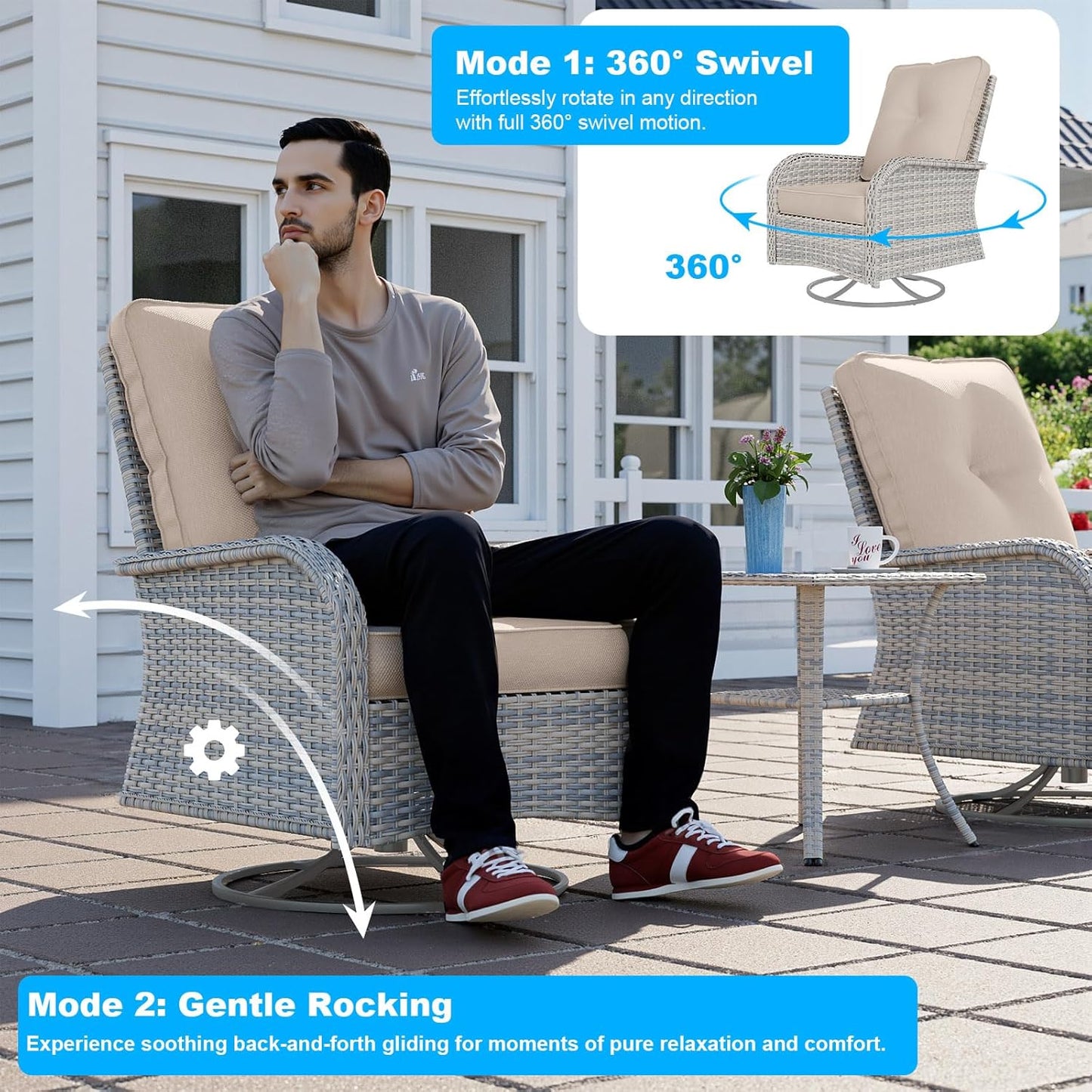 12-Piece Patio Furniture Set, Outdoor Patio Furniture with Swivel Chairs Set, Ottomans, Modular Patio Sofa, Dual-Strand Wicker Rattan, Rust-Resistant Frame, Khaki