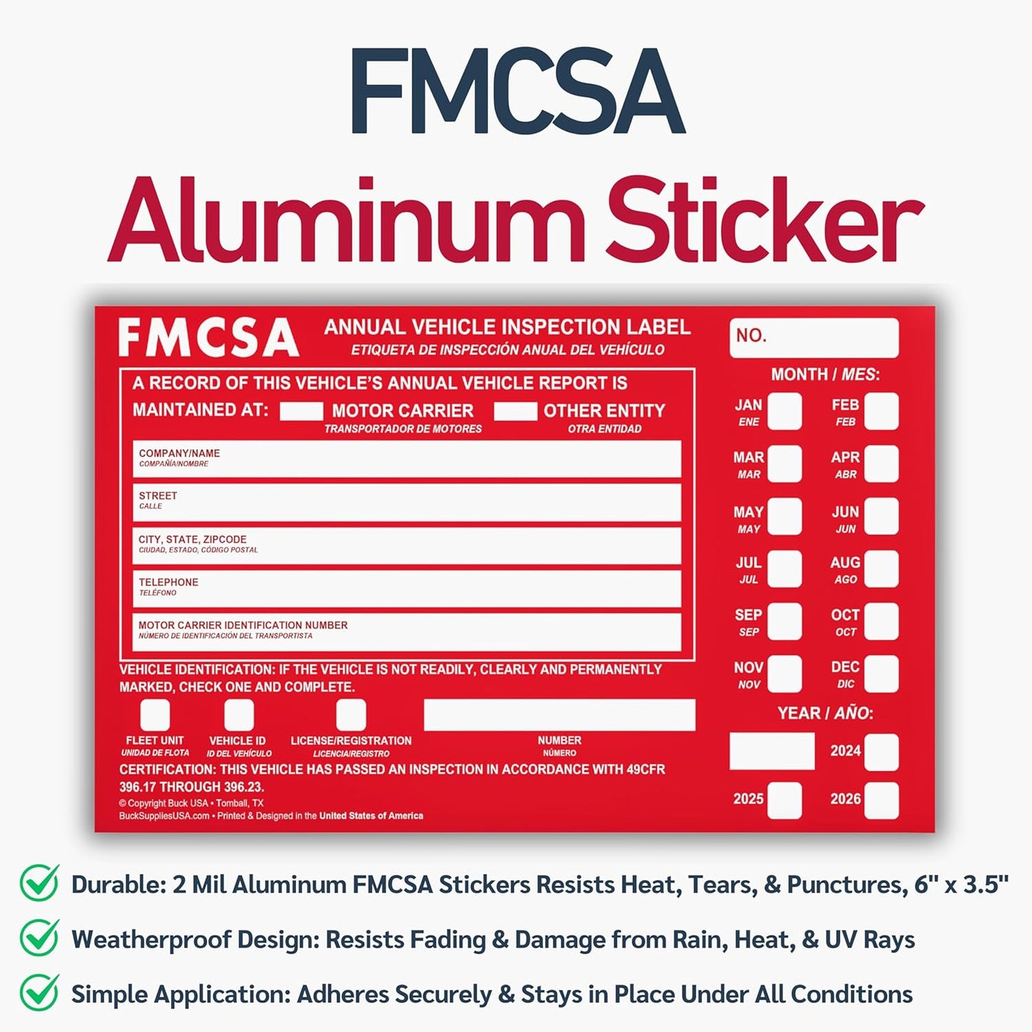 10 Pack 3-Ply Carbonless Annual Vehicle Inspection Report Forms with FMCSA Red Aluminum Adhesive Labels, DOT Inspection Forms and Stickers, Shrink-Wrapped, 8.5" x 11.75" - Made in USA