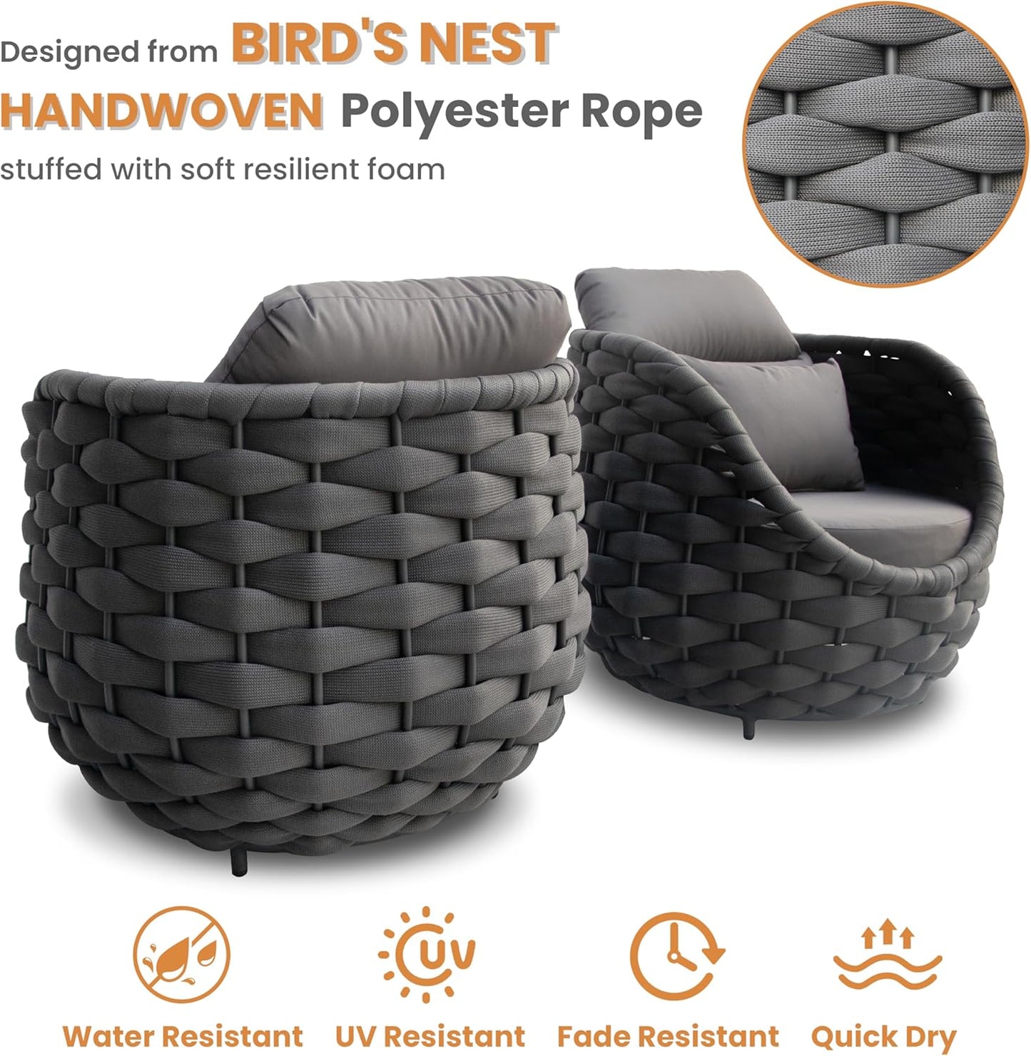 Cushioned Outdoor Patio Furniture Set: 6 Pieces Aluminum Porch Conversation Sofa Set - Modern Hand Woven Rope Deck Couch Set - Assembled All Weather for 661lbs Garden Yard Pool Hotel, Dark Gray