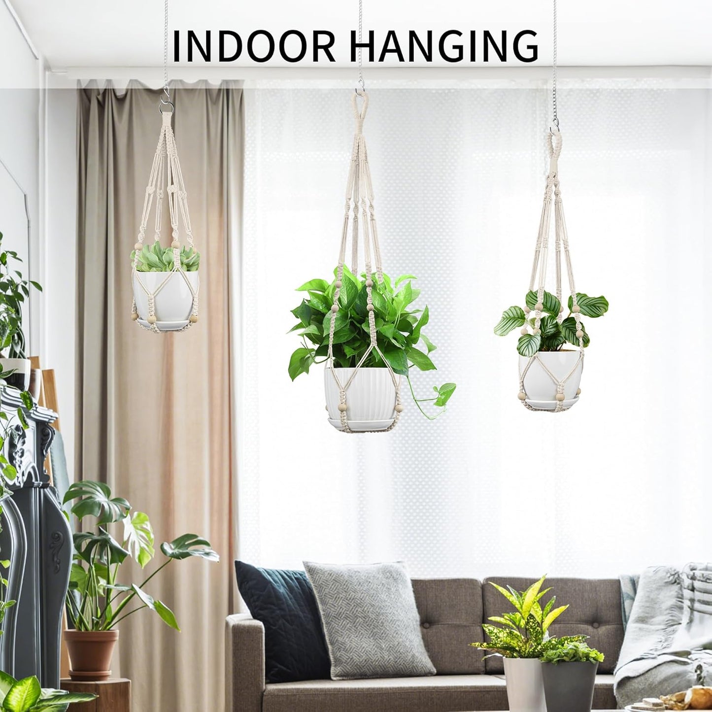 3 Pack Macrame Plant Hanger - 35"/29"/23" Different Sizes, Hanging Planter Basket Flower Pot Holder for Indoor Outdoor, Boho Home Decor, Ivory (POTS NOT Included)