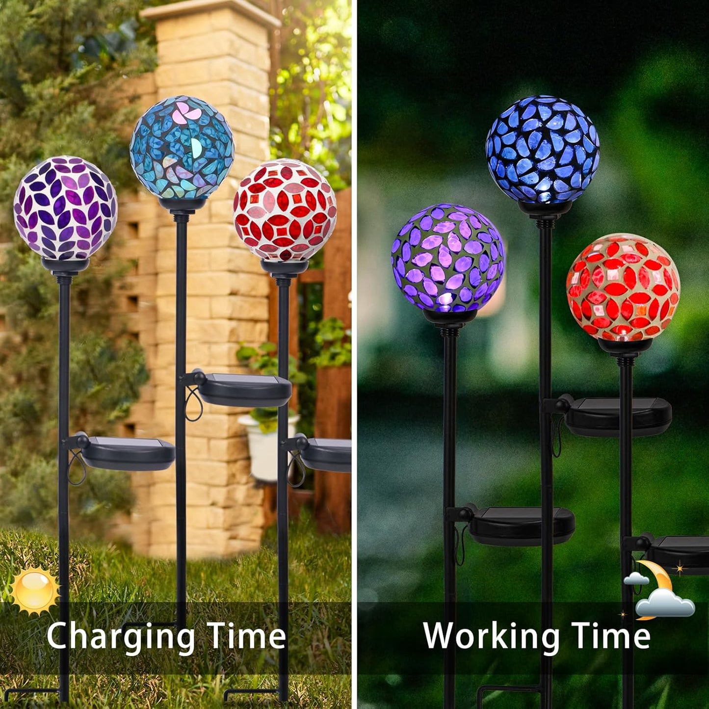 VCUTEKA Solar Garden Decorative Lights Outdoor, Mosaic Solar Light Waterproof LED Pathway Stake Light for Landscape Patio Yard Deck Walkway Decoration, 3 Pack （Blue&Purple&Red）