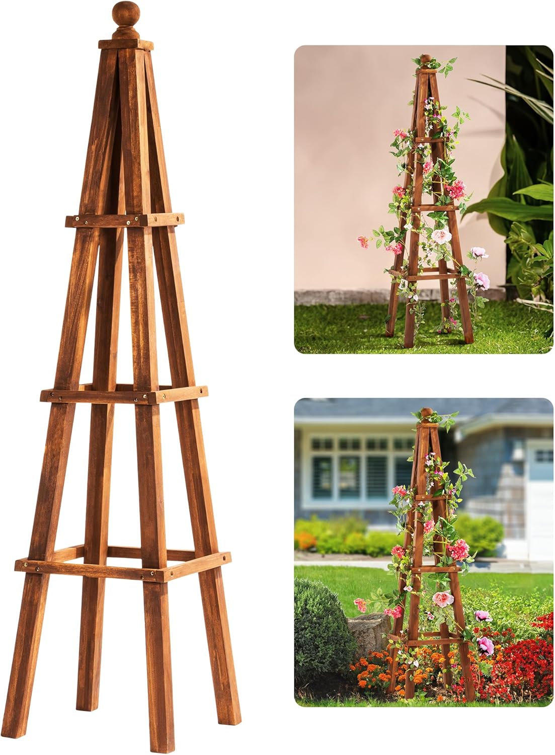 Idzo 61-Inch Wood Obelisk Trellis for Climbing Plants, Outdoor & Indoor Garden Decor, Light Brown, Durable, Space-Saving, Easy Assembly, Ideal for Patio & Yard – Upgraded 2025
