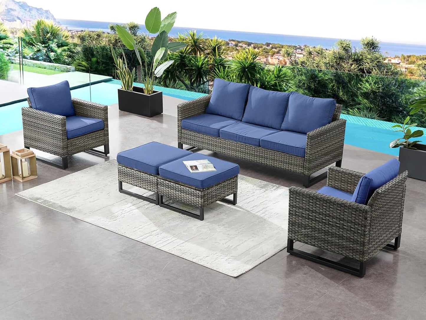 HUMMUH 5 Piece Patio Furniture Set All Weather Wicker Outdoor Sectional Sofa,High Back Patio Chairs and Ottomans for Porch,Garden,Backyard