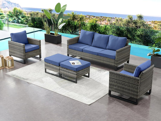 HUMMUH 5 Piece Patio Furniture Set All Weather Wicker Outdoor Sectional Sofa,High Back Patio Chairs and Ottomans for Porch,Garden,Backyard
