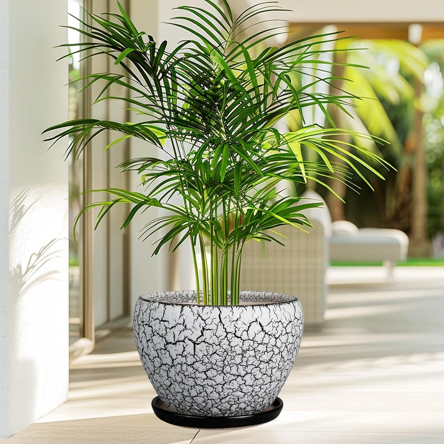 Ceramic Planters for Indoor Plants - 10 Inch Plant Pot with Drainage Hole and Saucer, Large Flower Pot for Home Decor, White/Black