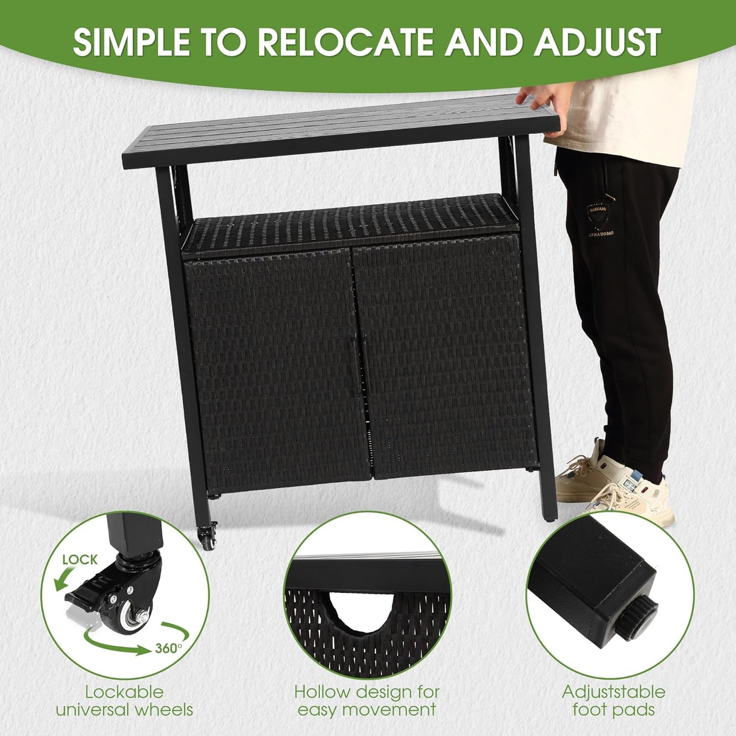 HOMEFUN Outdoor Bar Table Featuring Storage Cabinet: Wheeled Patio Serving Carts, Wicker Grill Cart Prep Station & Rolling Kitchen Island for Patio, Backyard and Outside Use, in Black