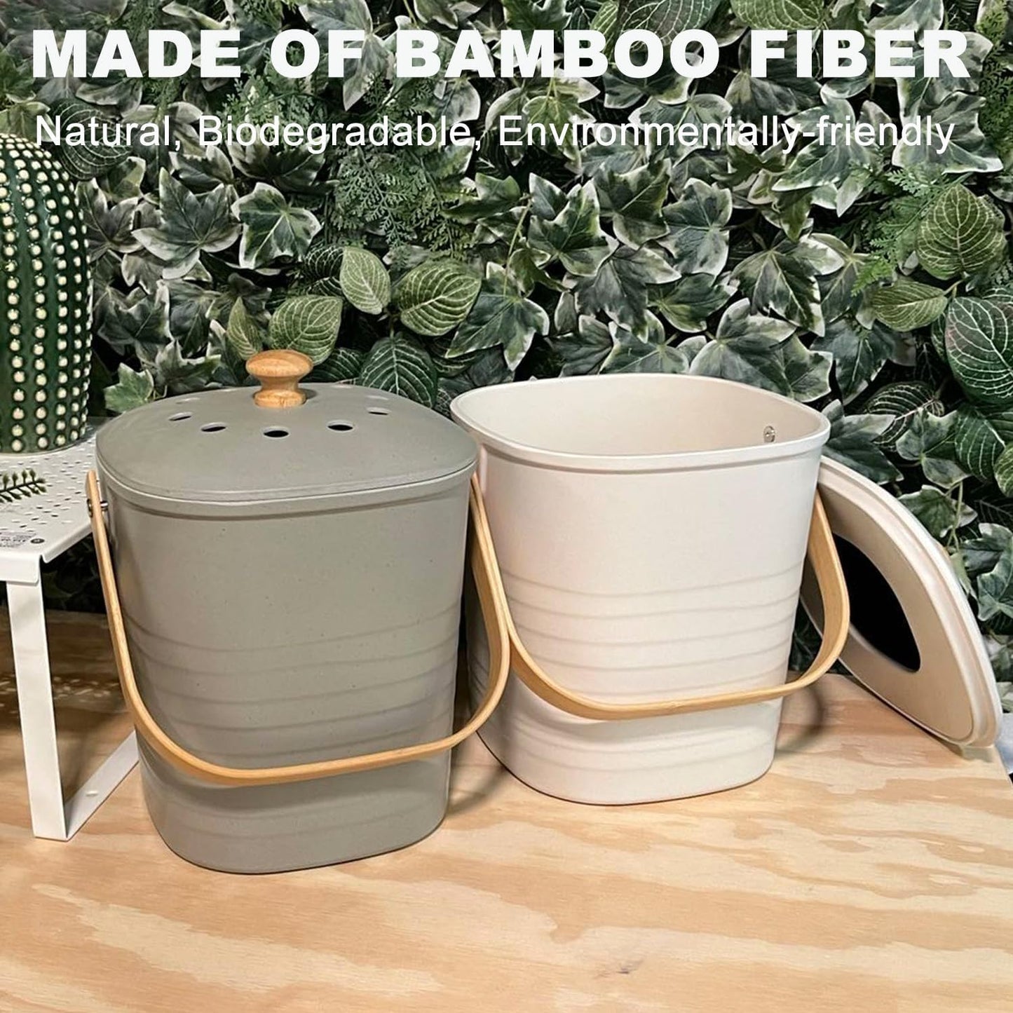 Compost Bin, LALASTAR Compost Bin Kitchen Counter with Lid, Made of Sustainable Bamboo Fiber, Odorless Indoor Compost Bin, 1 Gallon, Cream, Square