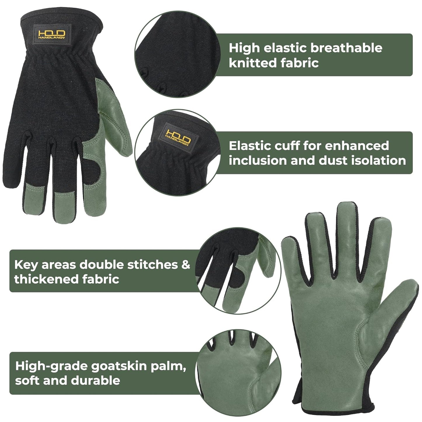 HLDD HANDLANDY Garden Gloves Men, Leather Utility Work Gloves for Gardening, Yardwork, Construction, Mechanics with Reinforced Palm, Green L