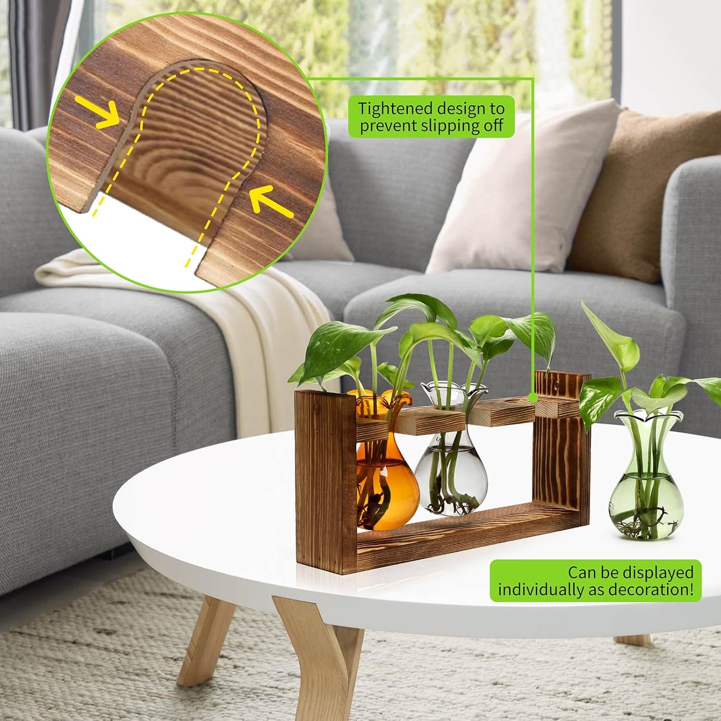 Plant Propagation Station Plant Terrarium Unique Birthday Gifts for Women Plant Lovers Home Office Decor Planter with Wooden Stand - 3 Bulb Glass Vase