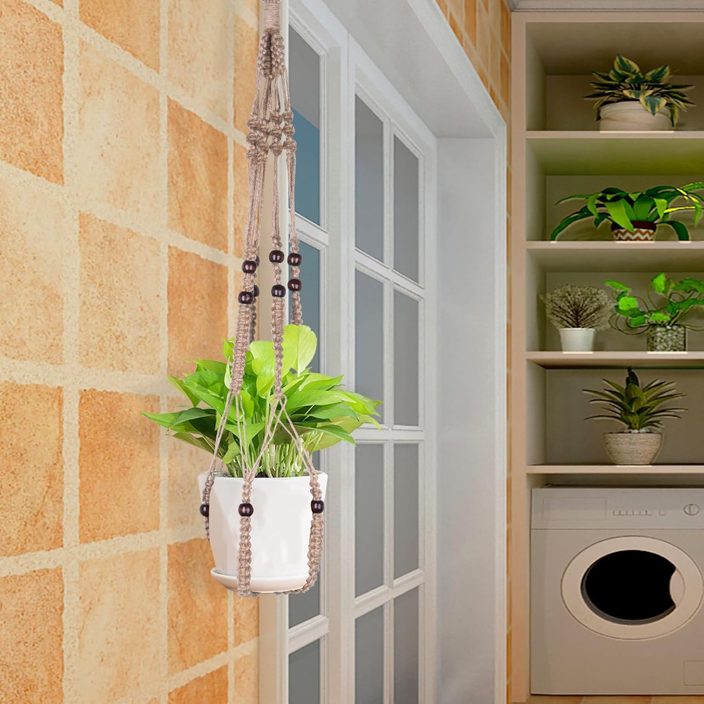 Macrame Plant Hanger Indoor Hanging with Wood Beads Macrame Planters No Tassel for Indoor Outdoor Boho Home Decor 35 Inch(Brown, 2)