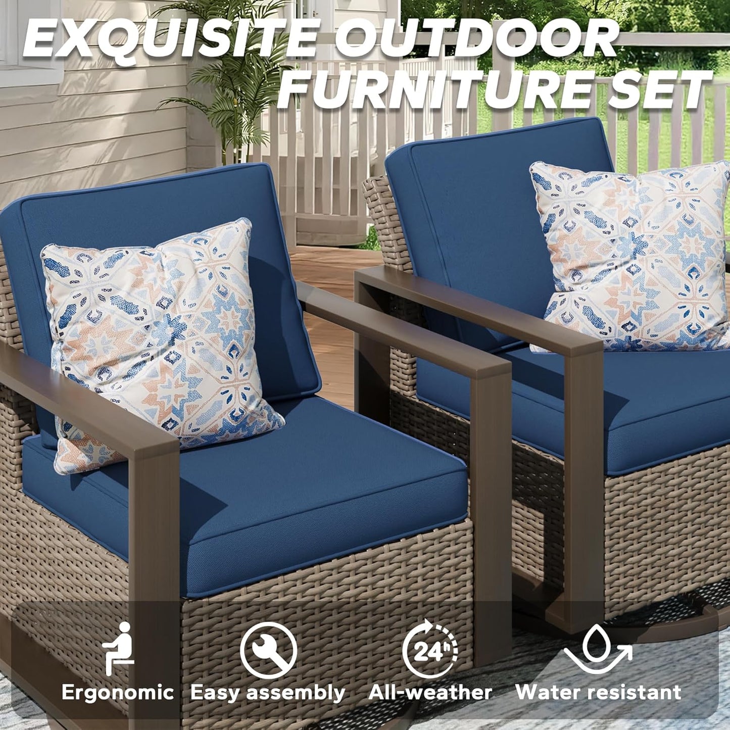 Outdoor Wicker Metal Chairs Set of 2 with Two Ottomans, 360 Degree Glider Rockers Armchairs, 4 Pieces Patio Bistro Set with Wood-Looking Metal Armrest for Poolside, Terrace, Dark Blue
