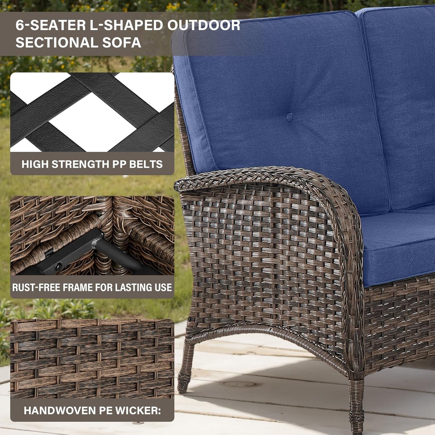 Outdoor Furniture Set - 6 Pieces Patio Conversation Sectional Sofa Set with Swivel Rocker Outdoor Chairs Set of 2 and Wicker Coffee Table for Deck Backyard Sunroom Brown