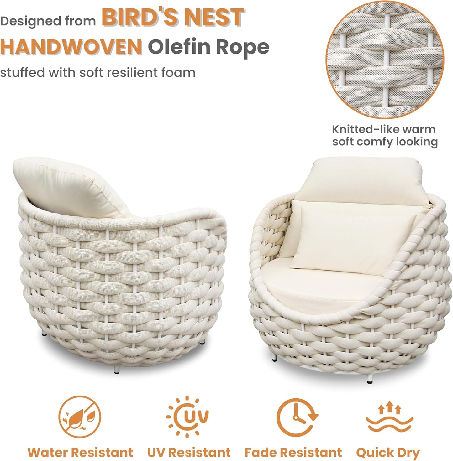 Woven Rope Patio Chair and Table Set: 2 Pieces Aluminum Front Porch Furniture Set - Assembled Outdoor Deck Lounge Armchair Set Cushioned - for 400 lbs Balcony Pool Yard Garden Hotel Lanai, Beige