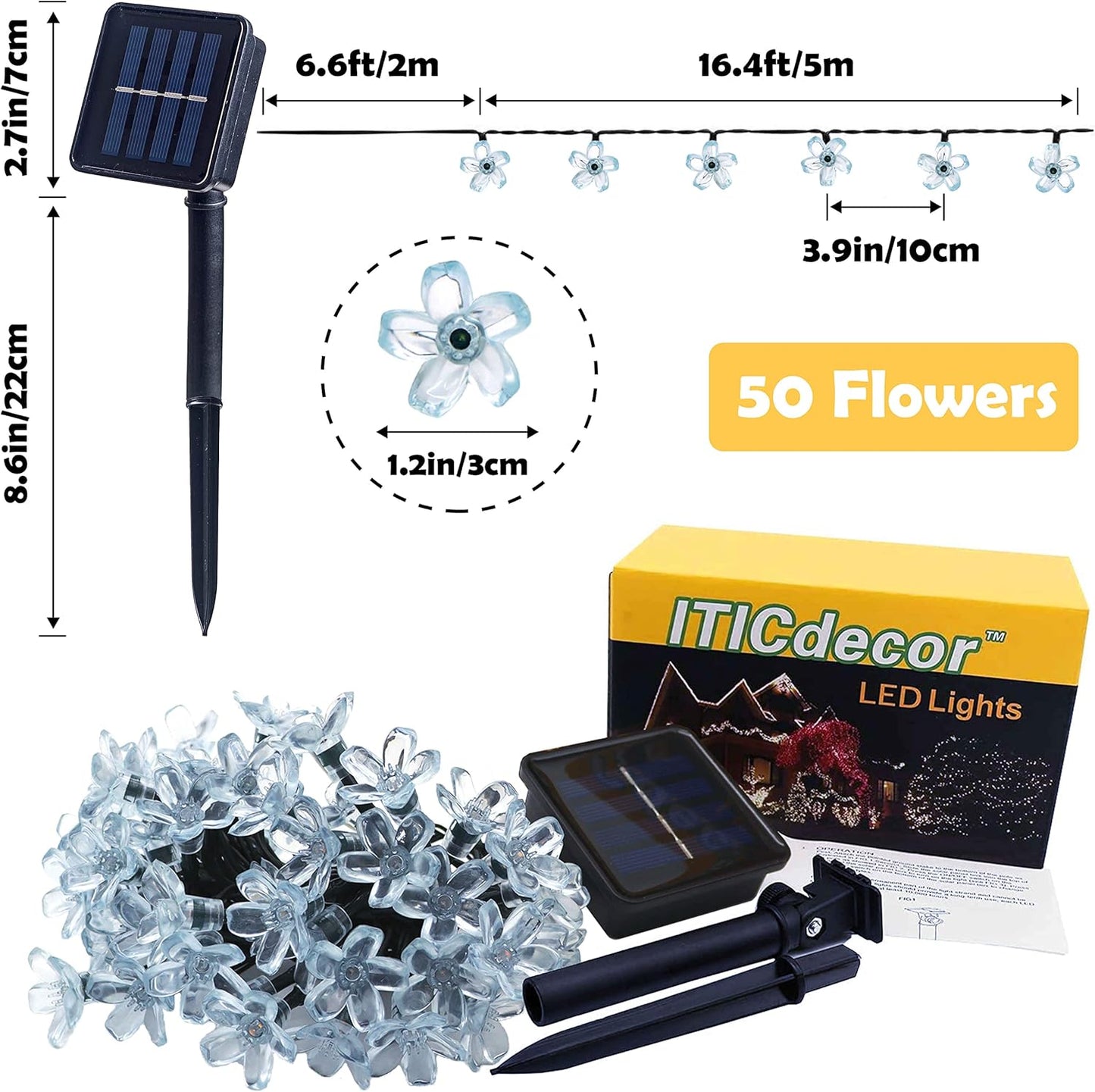 ITICdecor Solar Flower String Lights Outdoor Waterproof 50 LED Fairy Light Christmas Decorations for Garden Fence Patio Yard Christmas Tree, Home, Lawn, Wedding, Patio, Party Decoration (Warm White)