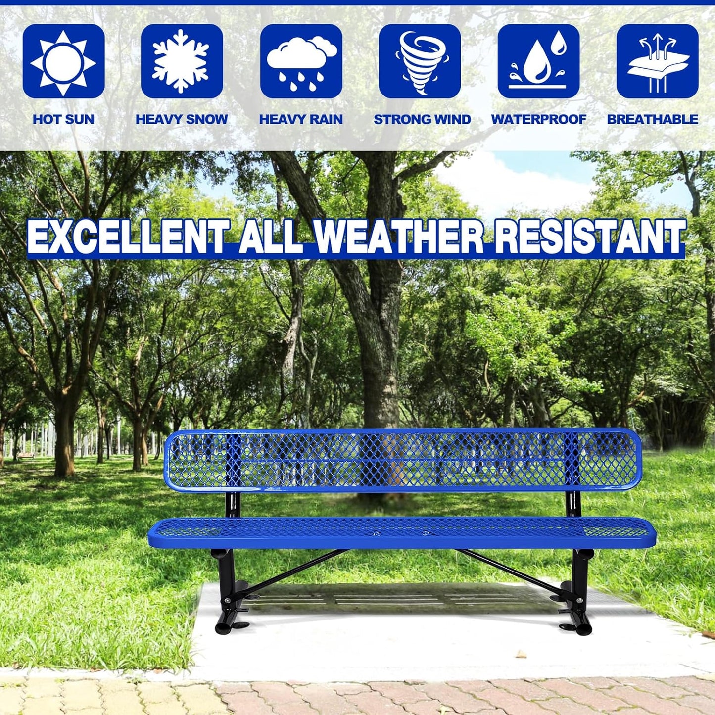 Outdoor Garden Bench, Cast Iron Metal Frame Patio Park Bench with Backrest, Portable Expanded Metal Black Bench, Commercial-Grade Outdoor Seating for Lawn, Patio, Park, Yard, Garden (Blue, 8FT/96'')