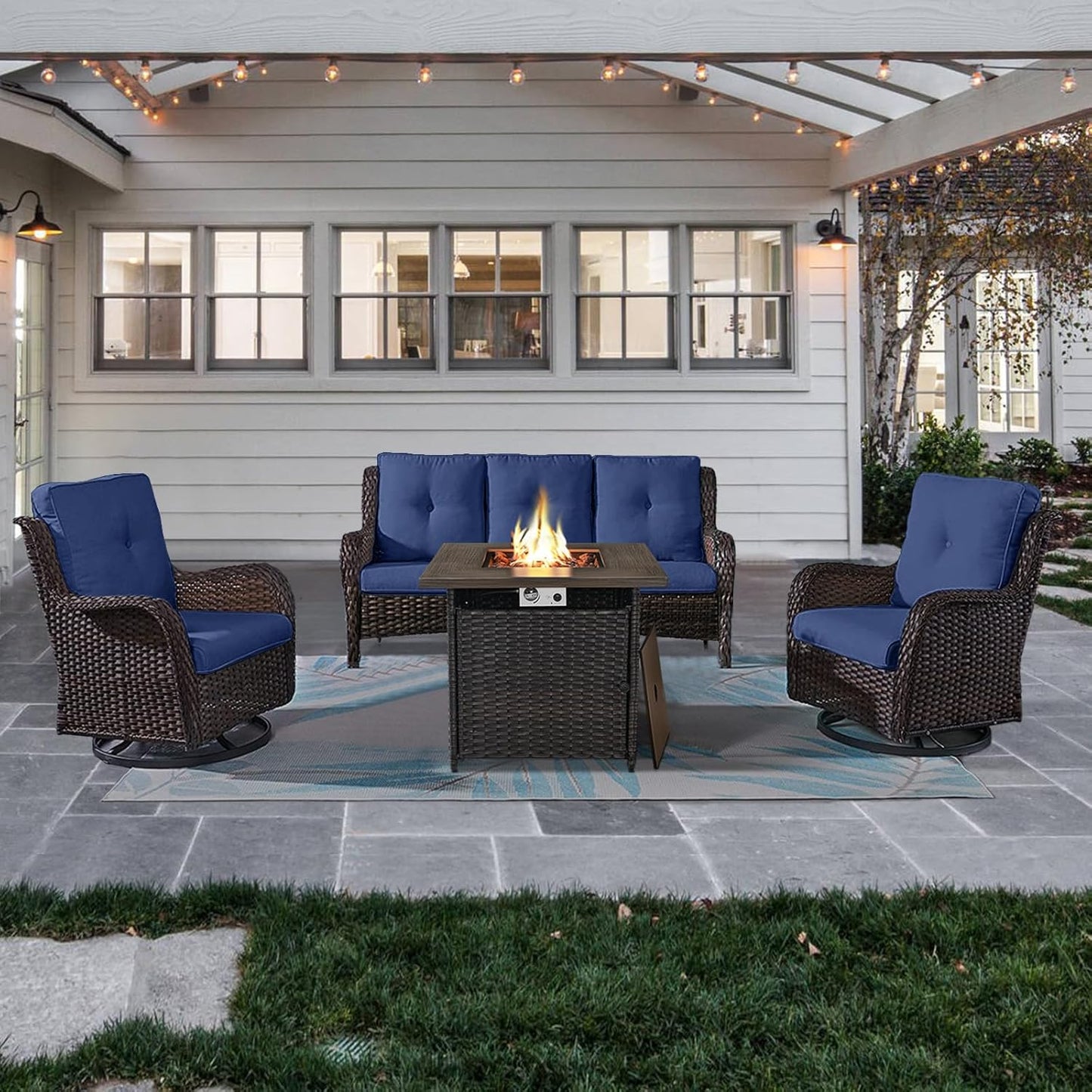 Outdoor Patio Furniture Set with 50000BTU Propane Fire Pit Table, 4 Pieces Wicker Patio Conversation Set with 2 Swivel Rocker Glider Chairs Rattan Sofa Blue Cushion Perfect for Casual Gathering