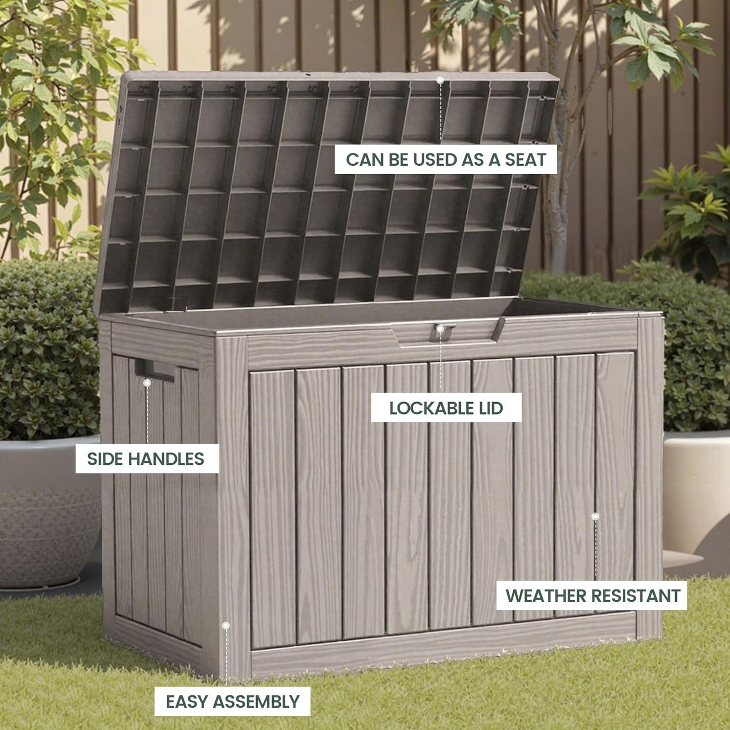 45 Outdoor Storage Box, Waterproof Resin Deck Box with Side Handles, Lockable Outdoor Bench for Indoor & Outdoor Use, Storage Bin for Patio Cushions, Garden Tools, Package Delivery, Grey